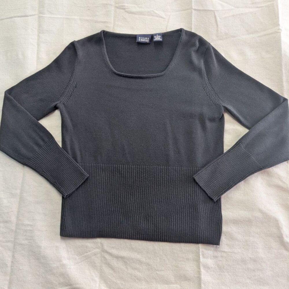 Hillard & Hanson Women’s M Black Square Neck Sweater Ribbed Waist 90s Y2K